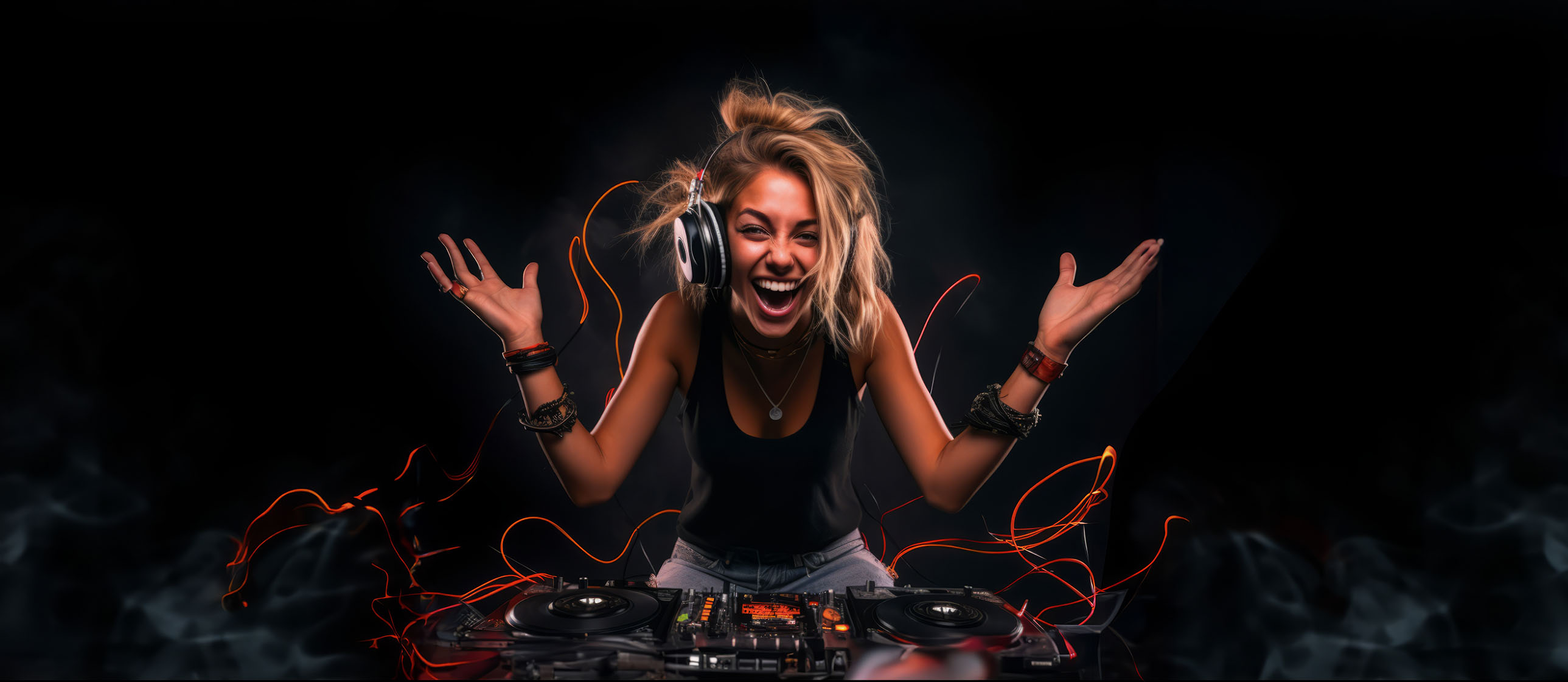 Woman DJ tangled in cables laughing